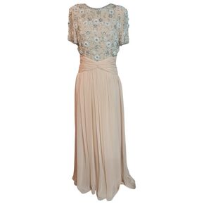 VTG Victoria Royal Ltd Peach Beaded Rhinestone Embellished Ruffled Chiffon Gown